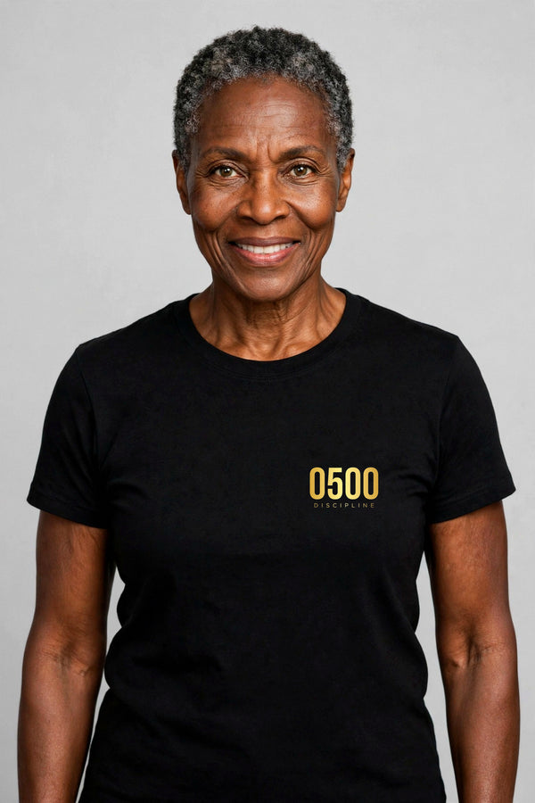 0500DISCIPLINE™ Women's Earn the Sunrise Tee — Gold Logo