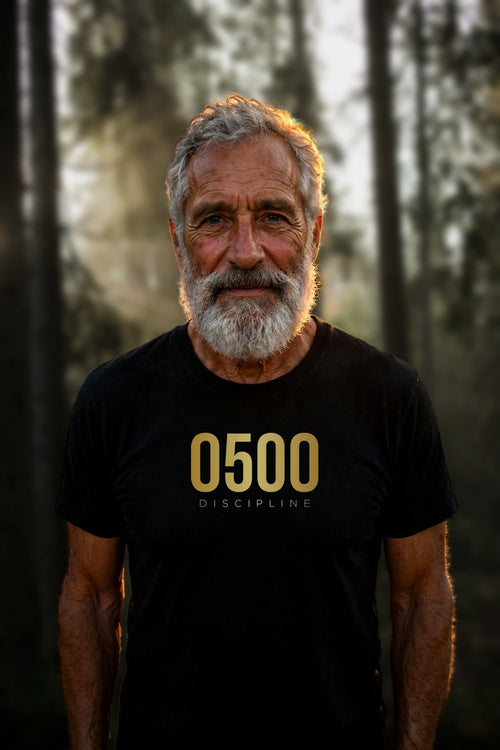 0500DISCIPLINE — Classic Tee lead photo, real forest background (stock photo plate, 2026-10-22)