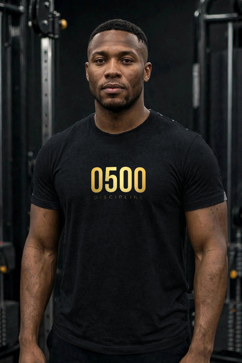 0500DISCIPLINE™ Classic Tee — Gold Logo — front-facing, record-true print (2026-10-20)