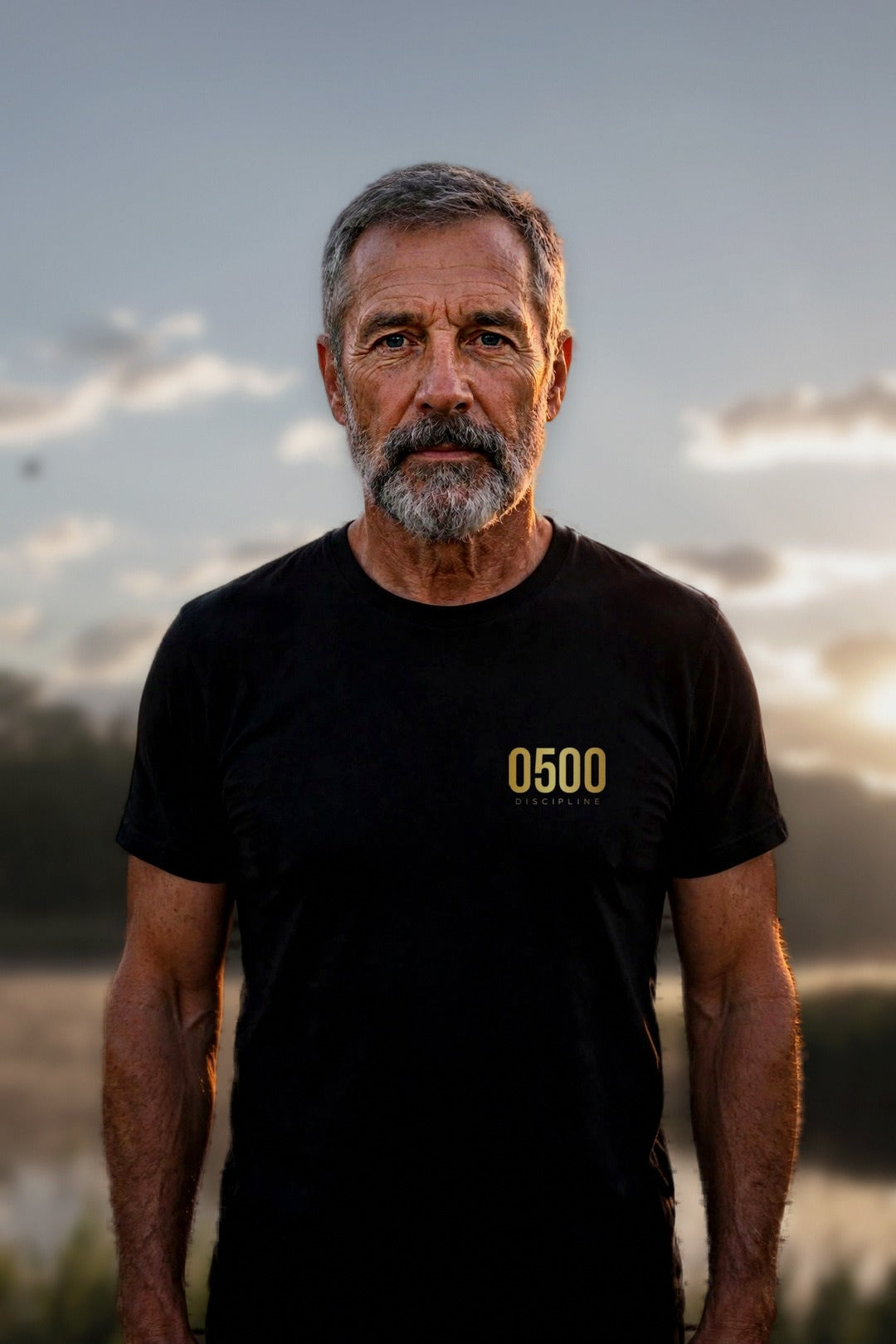 0500DISCIPLINE — Men's Earn the Sunrise Tee lead photo, model on real sunrise background (stock photo plate) (2026-10-22)