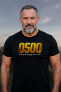 0500DISCIPLINE — Bold Gold Logo Graphic Tee, model mockup (2026-10-22)
