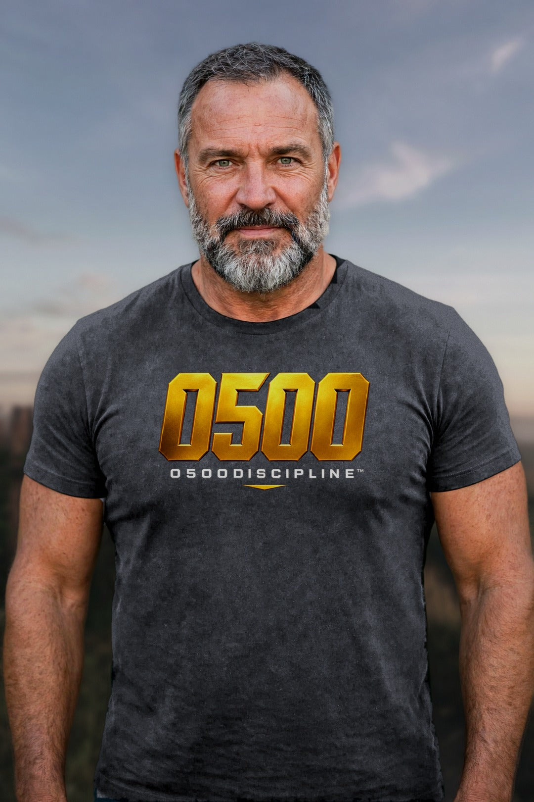 0500DISCIPLINE — Bold Gold Logo Graphic Tee in CVC Charcoal, model mockup (2026-10-22)
