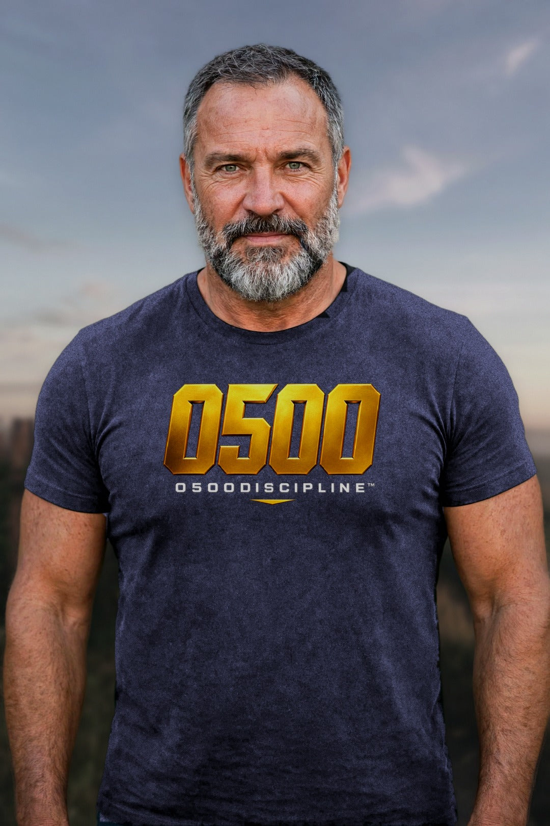0500DISCIPLINE — Bold Gold Logo Graphic Tee in CVC Midnight Navy, model mockup (2026-10-22)