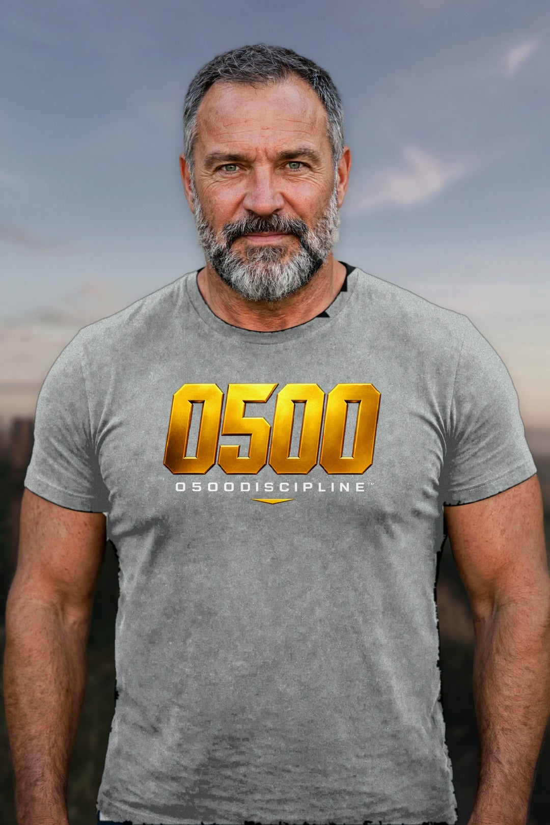 0500DISCIPLINE — Bold Gold Logo Graphic Tee in Dark Heather Grey, model mockup (2026-10-22)