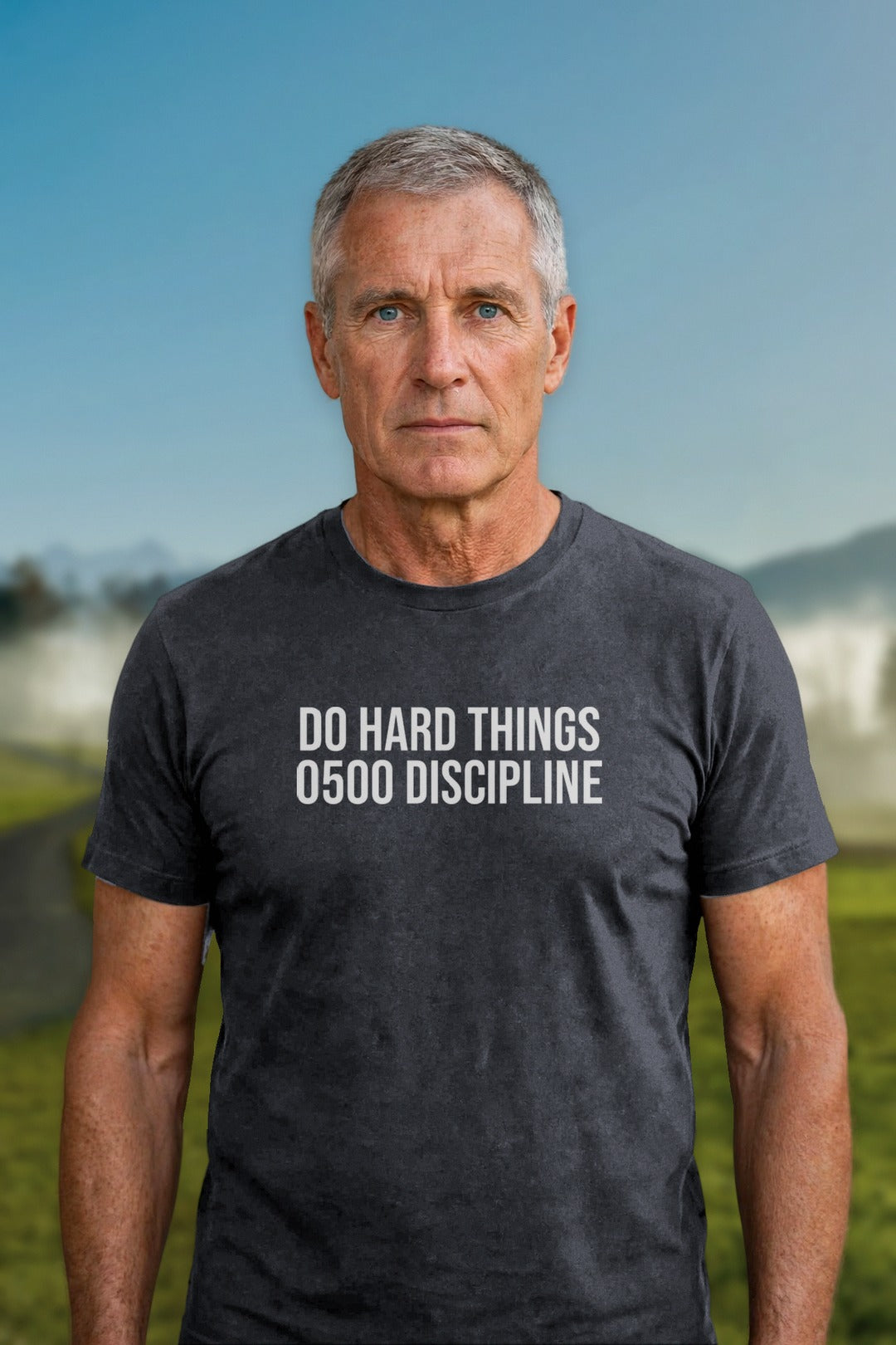 0500DISCIPLINE — Do Hard Things Tee in CVC Charcoal, model mockup (2026-10-22)