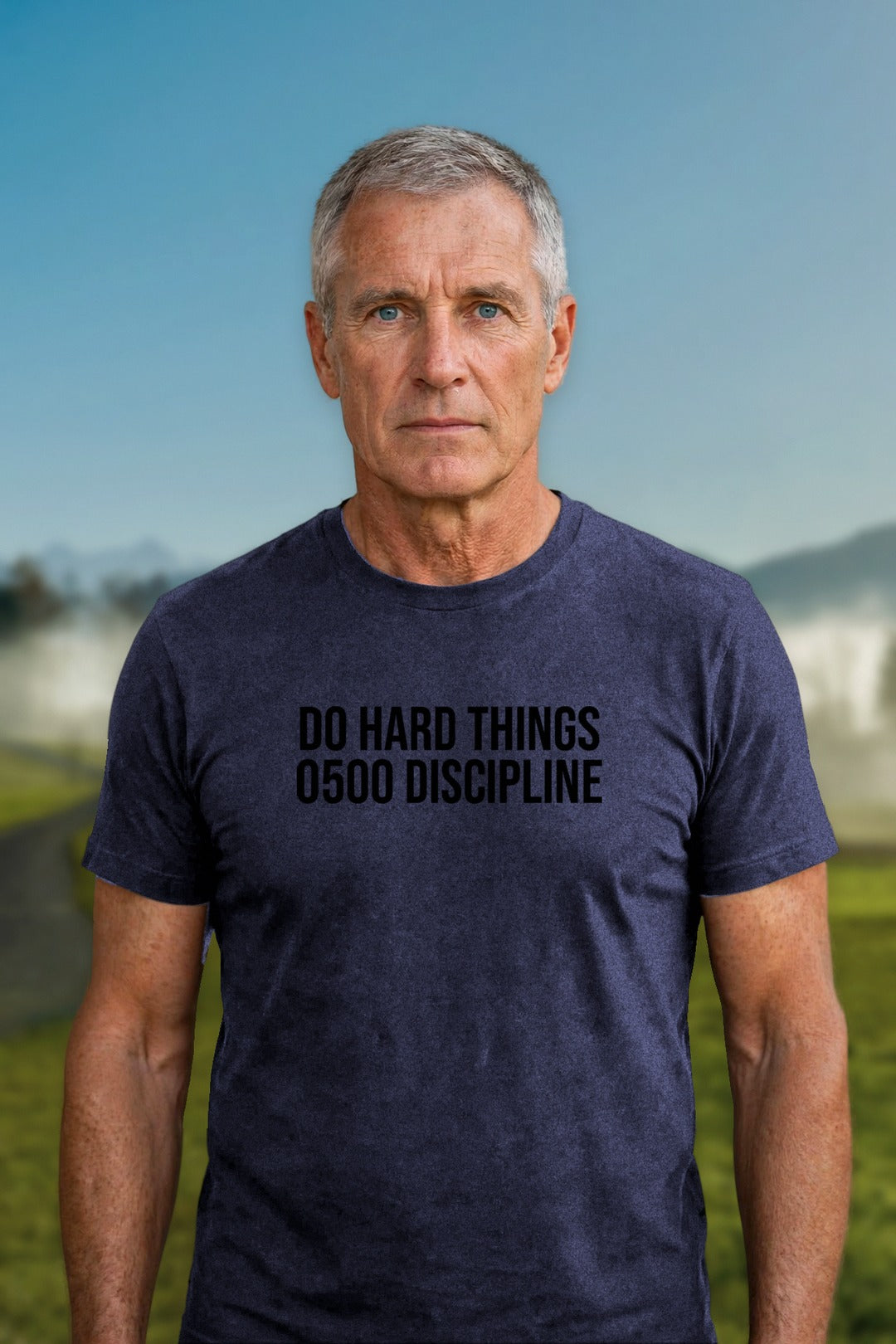 0500DISCIPLINE — Do Hard Things Tee in CVC Midnight Navy, model mockup (2026-10-22)
