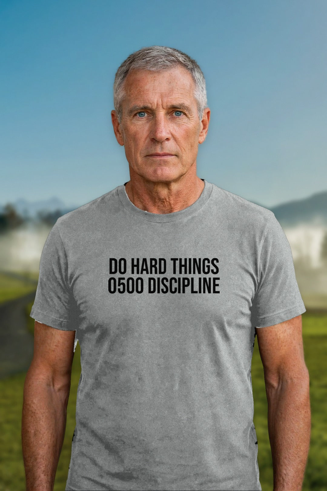 0500DISCIPLINE — Do Hard Things Tee in Dark Heather Grey, model mockup (2026-10-22)
