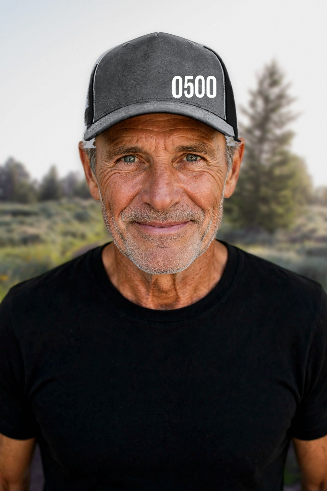 0500DISCIPLINE — Original 112 Trucker Hat in Charcoal / Black, model mockup (2026-10-22)