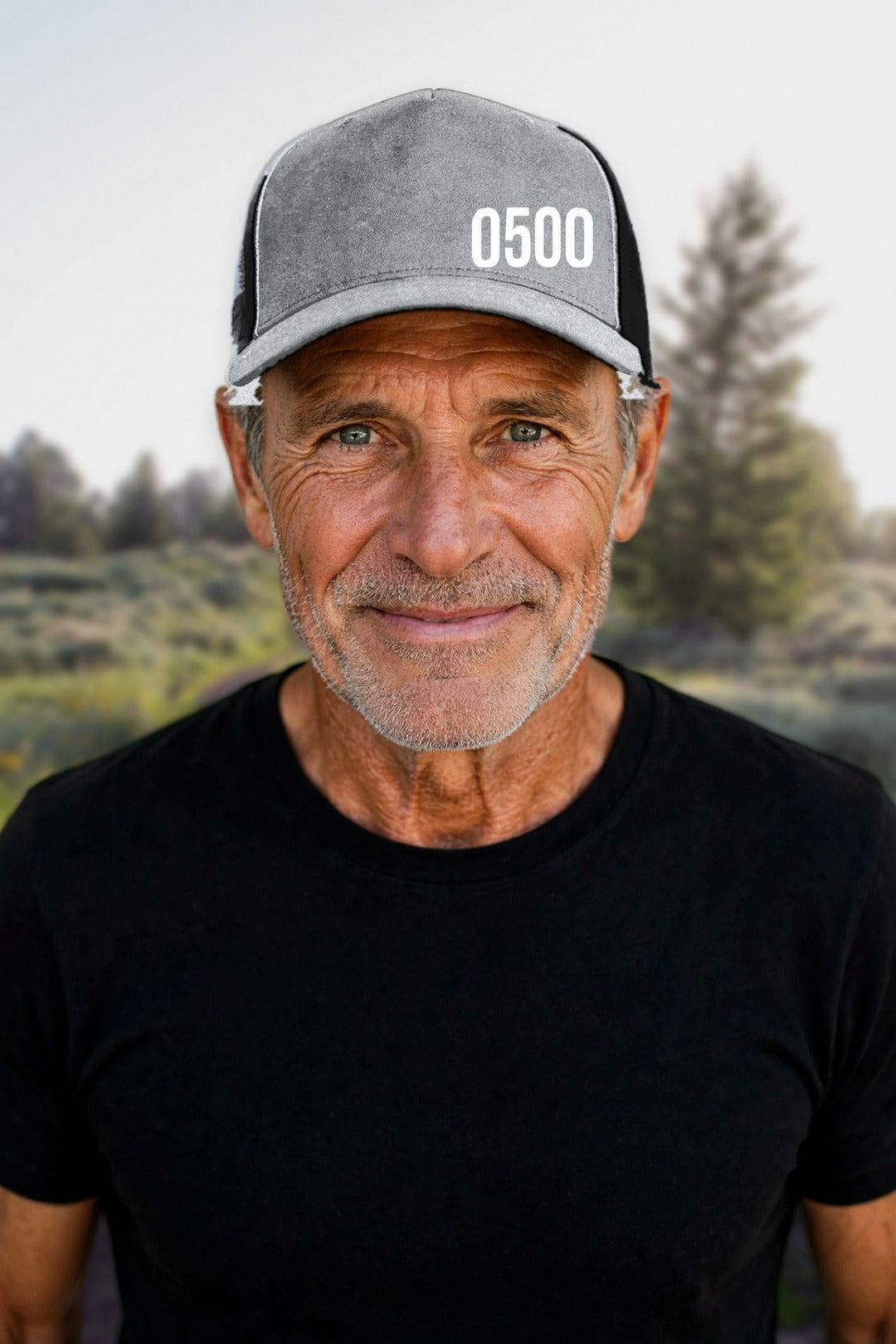 0500DISCIPLINE — Original 112 Trucker Hat in Heather Grey / Black, model mockup (2026-10-22)