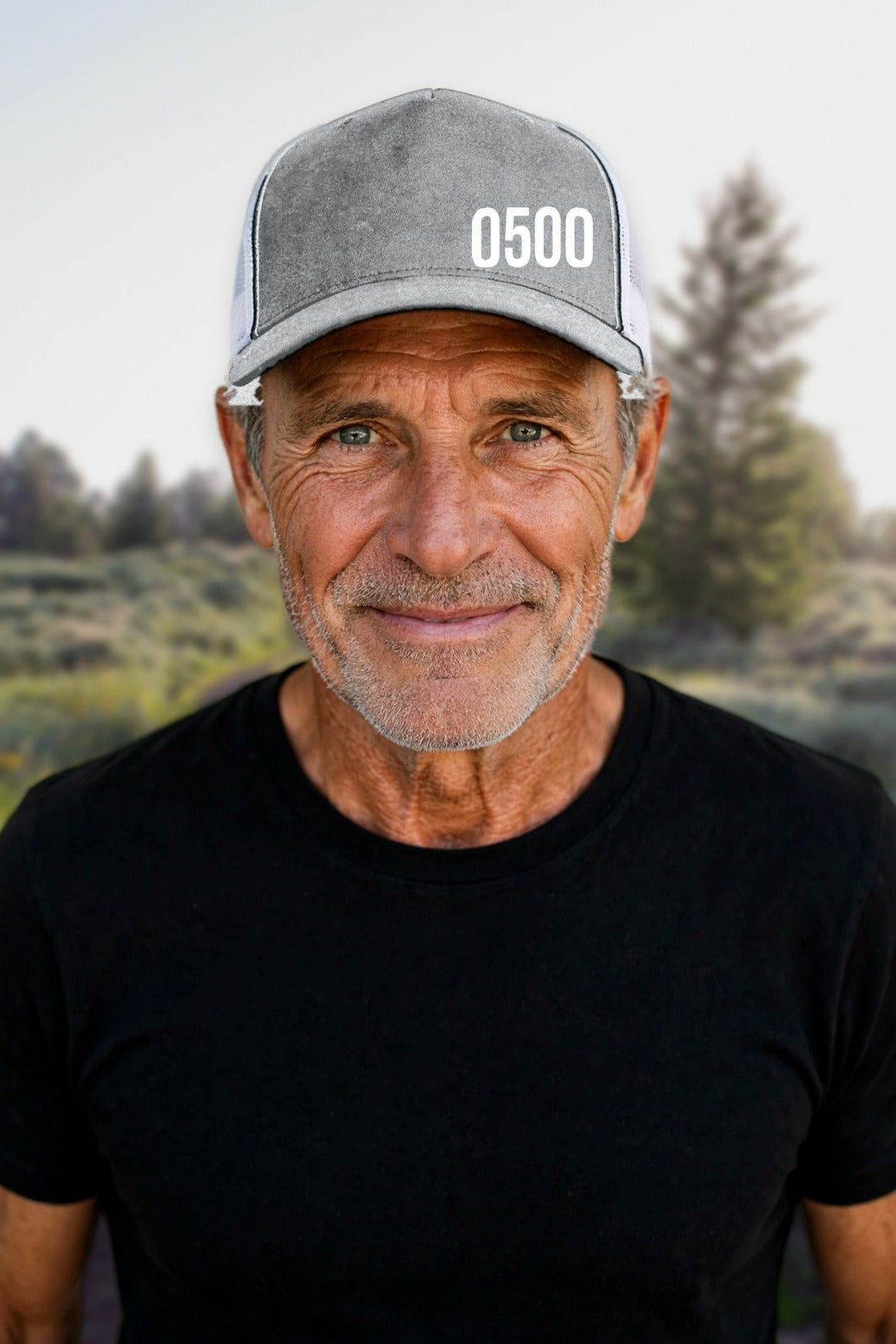0500DISCIPLINE — Original 112 Trucker Hat in Heather Grey / White, model mockup (2026-10-22)