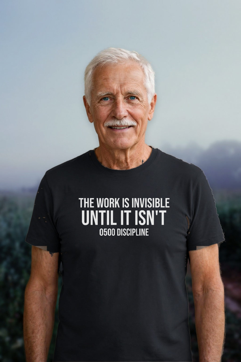0500DISCIPLINE — The Work Is Invisible Tee in CVC Black, model mockup (2026-10-22)