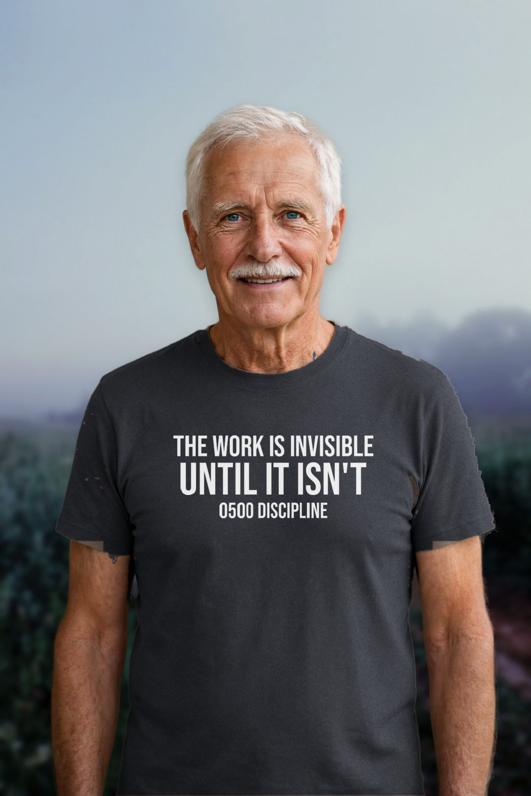 0500DISCIPLINE — The Work Is Invisible Tee in CVC Charcoal, model mockup (2026-10-22)