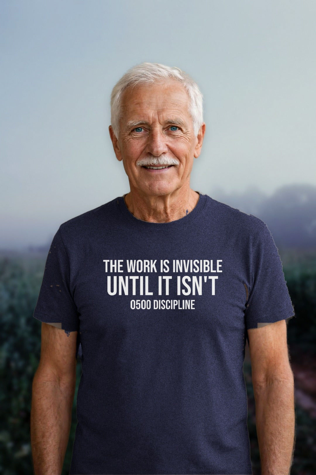 0500DISCIPLINE — The Work Is Invisible Tee in CVC Midnight Navy, model mockup (2026-10-22)