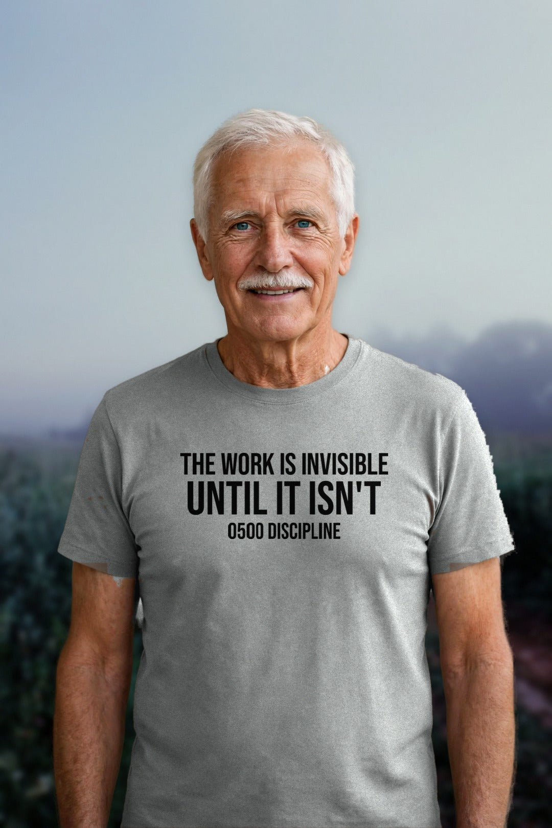 0500DISCIPLINE — The Work Is Invisible Tee in Dark Heather Grey, model mockup (2026-10-22)