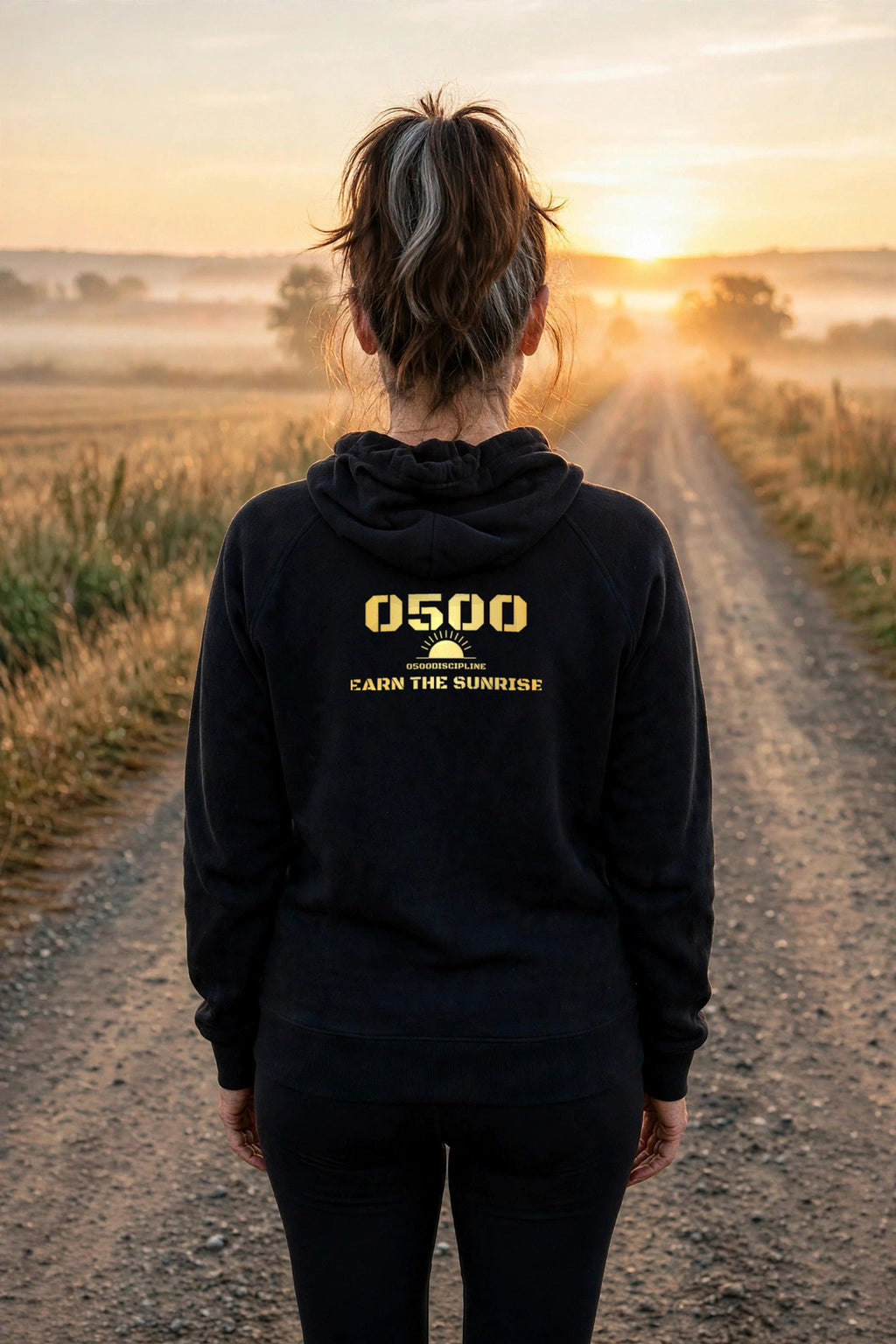 0500DISCIPLINE™ Women's Earn the Sunrise Hoodie — back, model photo