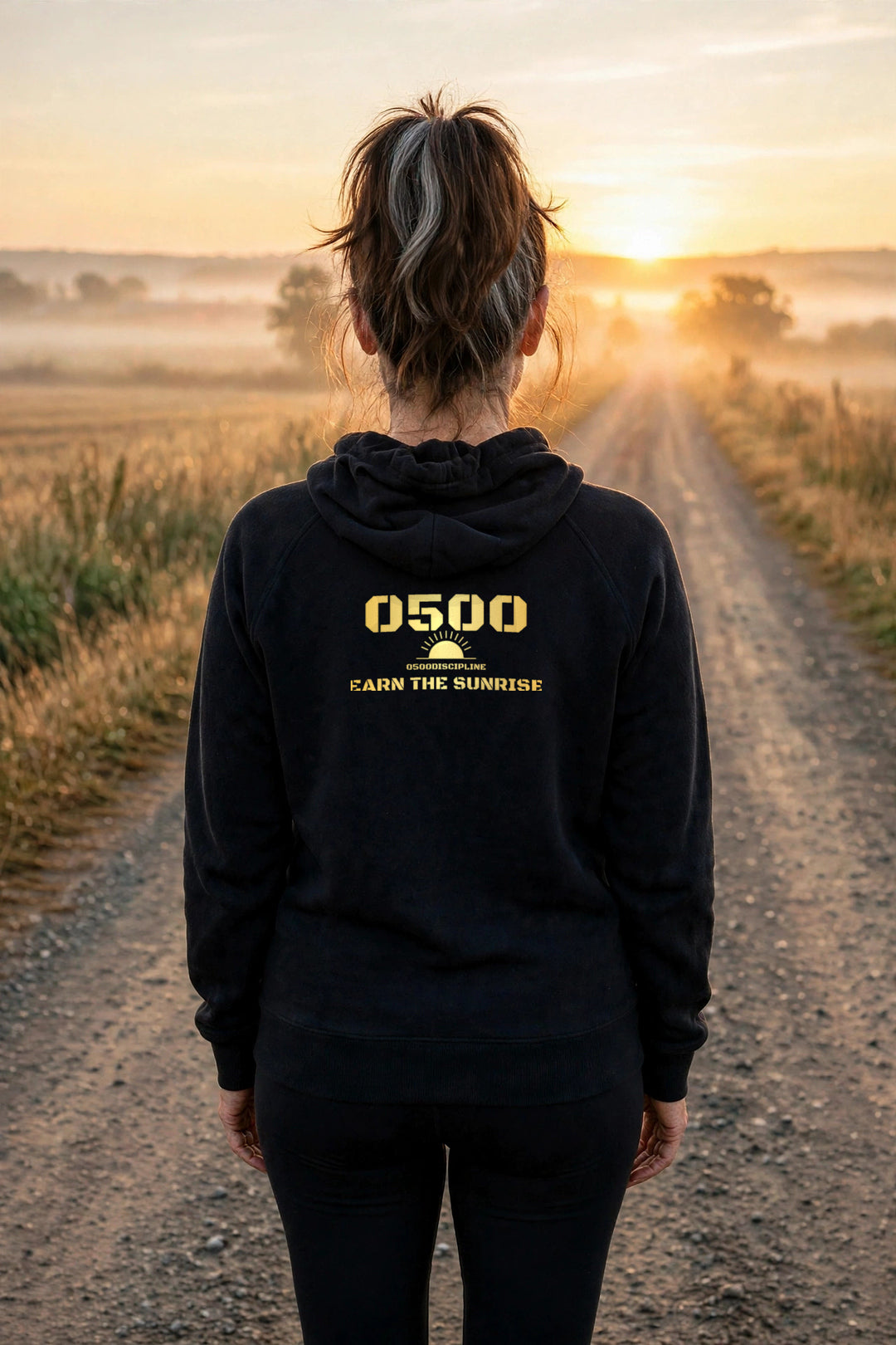 0500DISCIPLINE™ Women's Earn the Sunrise Hoodie — back, model photo