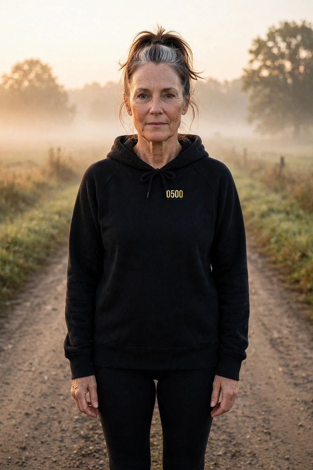 0500DISCIPLINE™ Women's Earn the Sunrise Hoodie — front, model photo